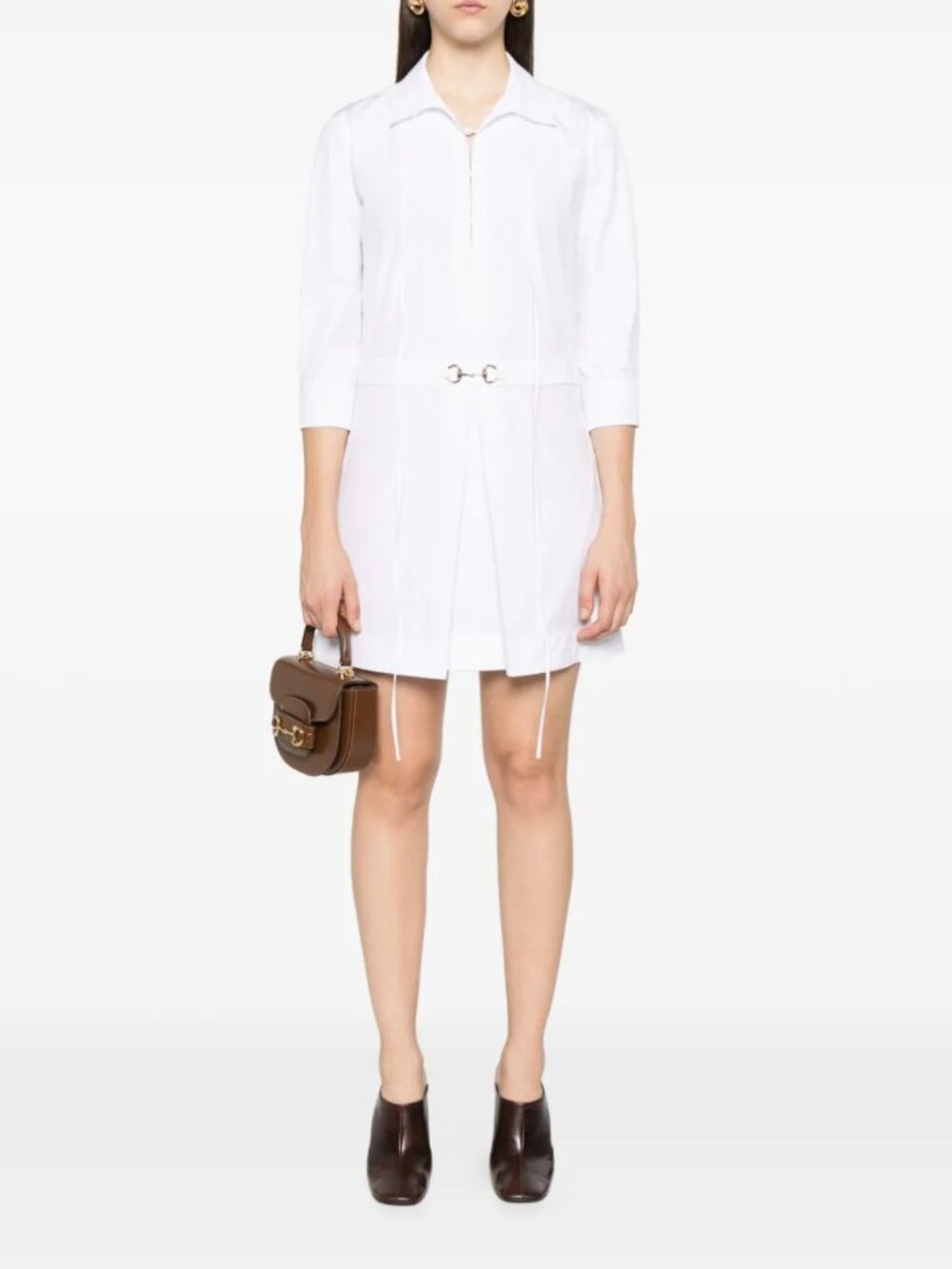 GUCCI Horsebit White Cotton Poplin Midi Dress M Tie Neck Belted Made in Italy